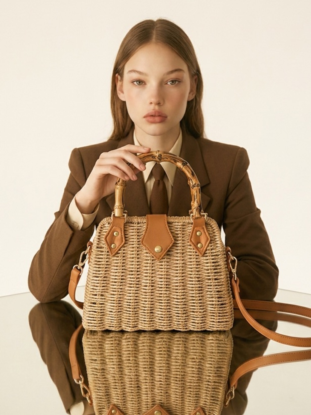 Woven Straw Shoulder Bag with Bamboo Top Handle - Brown